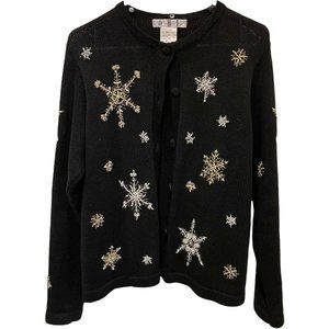 OHI Jeweled Cardigan Sweater Beaded Black Embroidered Christmas‎ Holiday Size M